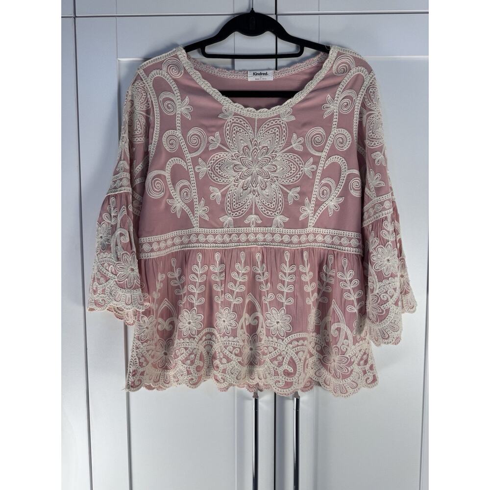 Anthropologie Kindred Pink Embroidered Cotton Lace Boho Blouse Embroidery Size L